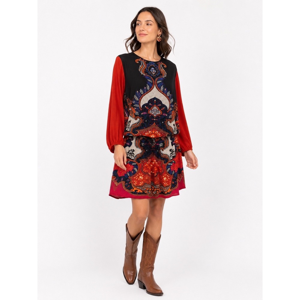 DERHY Dress Womens XL Black Red Languedoc Paisley Beaded Boho‎ Drop Waist
